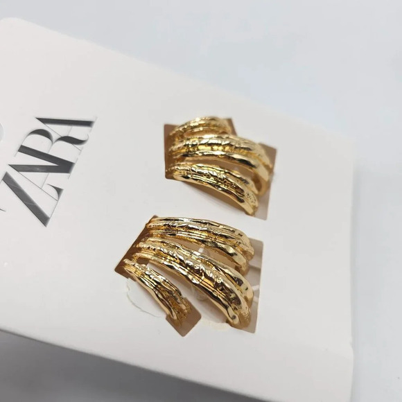 Zara Gold-Tone Textured Multi-Layered Triple Hoop Earrings - Picture 2 of 5